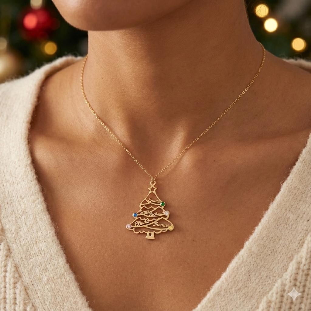 Personalized Tree Name Necklace, 14K Gold Plated Custom Engraved Holiday Pendant, Dainty Xmas Jewelry Gift for Women, Festive Gift for Her