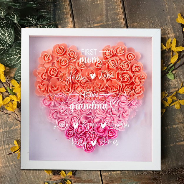 Personalized First Mom Now Grandma Rose Flower Frame, Custom Name Heart Shadow Box Gift for Grandma, Mother’s Day Keepsake with Purple Roses