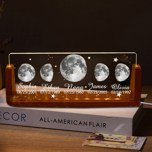 Personalized Mom Moon Phase Night Light - Custom 5 Names & Birthdates Acrylic Lamp - Unique Mother's Day Gift from Kids - "We Love You to the Moon" Keepsake