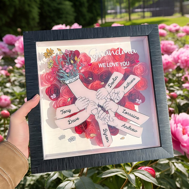 Personalized Mom Handprint Frame with Kids Names, Custom Mother's Day Gift for Mom, 3D Shadow Box Paper Art, Unique Birthday Gift for Grandma, Custom Family Hand Holding Wall Art Decor