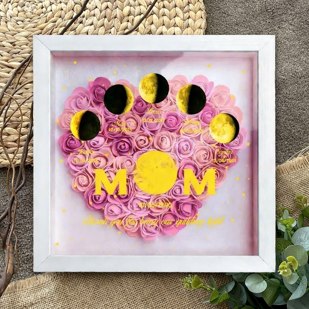 Custom Mom Moon Phase Shadow Box with Preserved Roses, Personalized Family Birth Date Flower Frame, Mother's Day Gift for Mom, Unique Keepsake for Grandma, Birthday Gift for Her