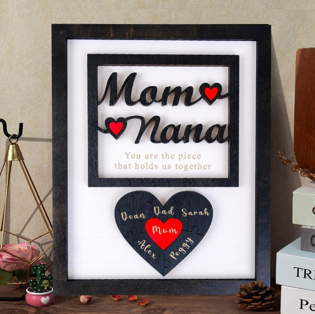 Mom Nana Heart Puzzle Wall Art with Custom Family Names - "Holds Us Together" Wooden Sign - Thoughtful Gift for Grandma & Mom from Grandkids & Family