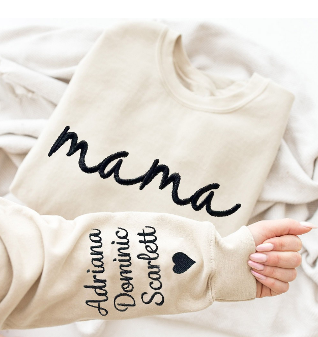 Embroidered Mama Sweatshirt, Custom Mom Sweatshirt with Kids Names on Sleeve, Personalized Mother's Day Gift, Mama Crewneck Pullover, Gift for Mom from Kids