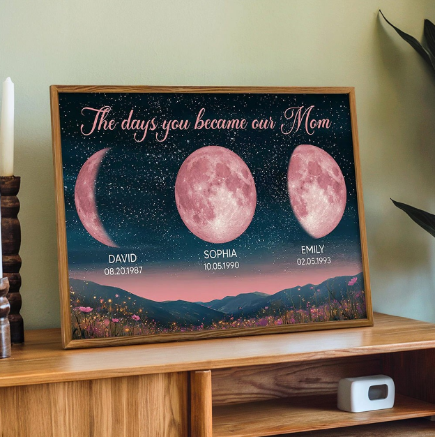 Custom Moon Phase Print for Mom, Personalized The Day You Became My Mom Poster with Kids Names & Birth Dates, Unique Mother's Day Birthday Gift for Mom, Customized Pink Moon Wall Art Home Decor