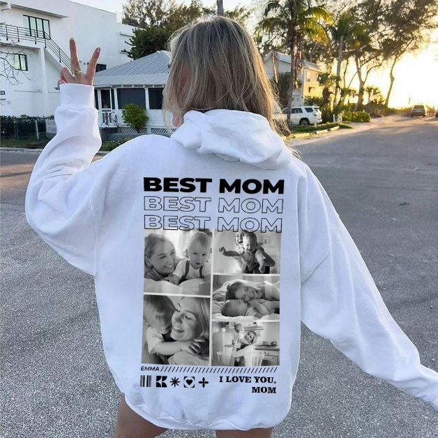 Custom Photo Best Mom Hoodie, Personalized Back Print Sweatshirt with Kid Name & Photos, Custom I Love You Mom Pullover, Mother's Day Gift for Mom
