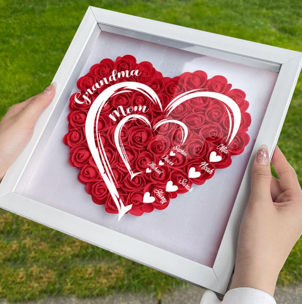 Personalized Grandma Mom Shadow Box, Custom Name 3D Paper Rose Heart Frame with Grandkids Names, Handmade Mother's Day Birthday Gift for Grandma, Nana, Mimi, Family Wall Decor