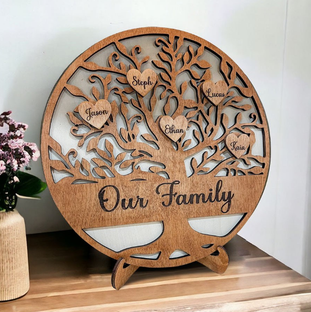 Personalized Family Tree Wood Sign - Custom Names Heart Wall Art - Rustic Laser Cut Wooden Family Tree Plaque for Home Decor, Housewarming Gift