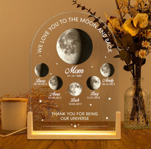 Personalized Moon Phase Night Light for Mom - Custom Family Names & Birthdates Acrylic Lamp - Mother's Day Gift from Kids - "We Love You to the Moon and Back