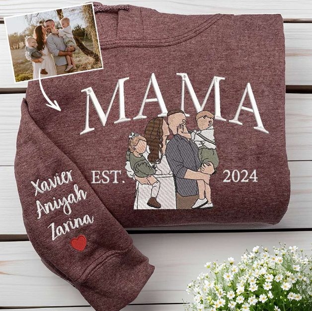 Personalized Mama Embroidered Hoodie with Family Portrait, Custom Names & EST Year, New Mom Gift.