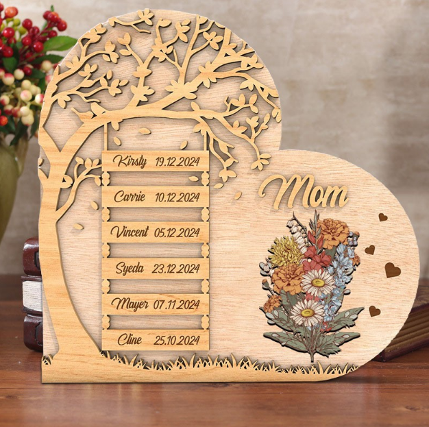 Personalized Mom Family Tree Wooden Plaque, Custom Birth Month Flower Engraved Name & Date Sign, Heart-Shaped Wood Desk Decor, Unique Mother's Day Birthday Gift for Mom Grandma