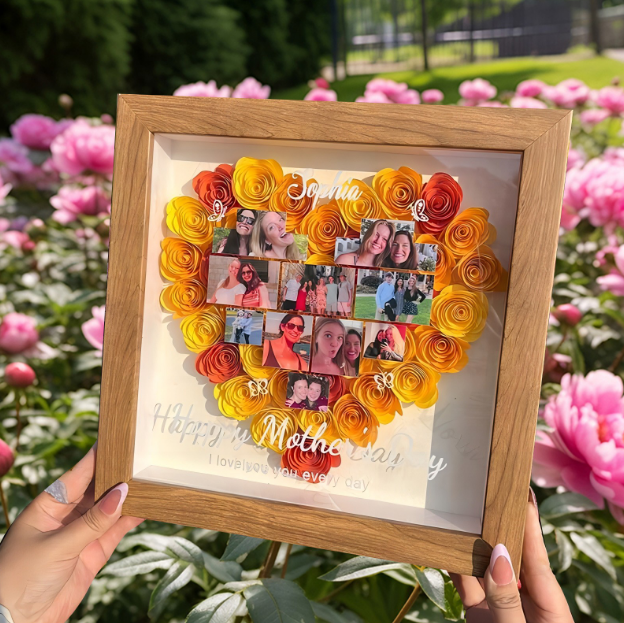 Custom Photo Heart Rose Shadow Box, Personalized 3D Flower Picture Frame with Name, Mother's Day Birthday Gift for Mom Grandma, Sentimental Family Wall Art Decor