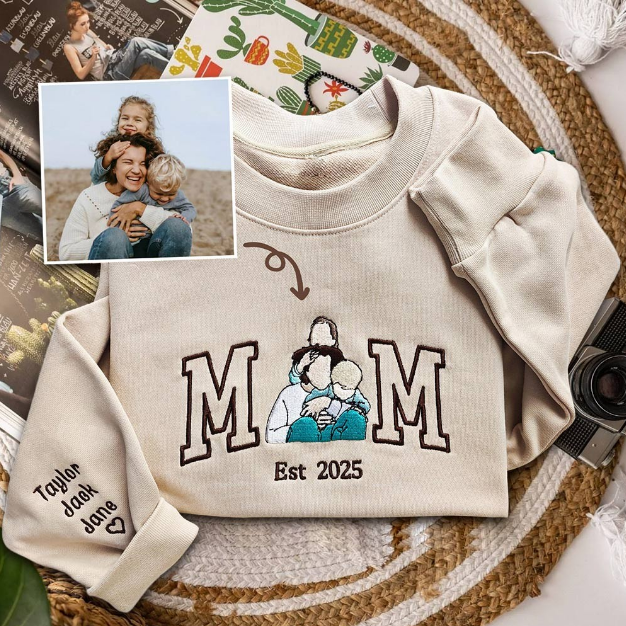 Personalized MOM Sweatshirt Custom Embroidered with Children's Names & Photo Outline, Est Year Mom Sweatshirt, Unique Mother's Day Gift for Mom Grandma