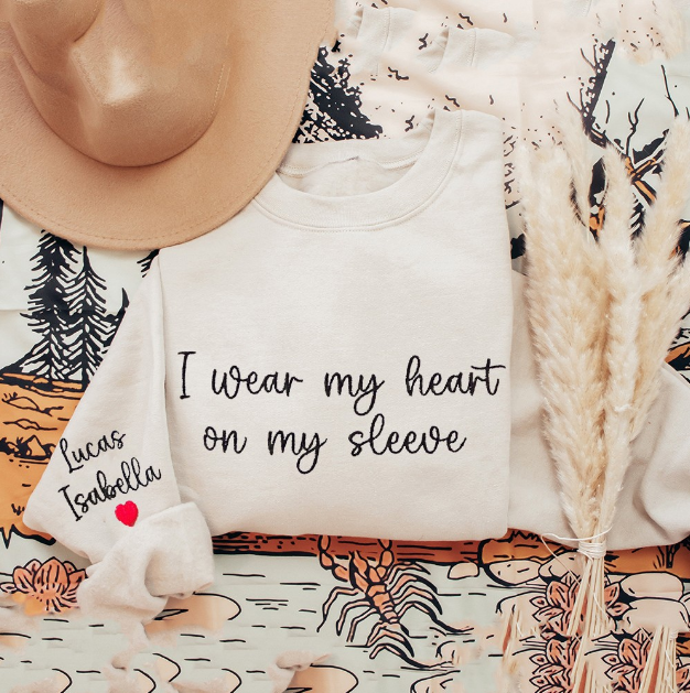 Custom "I Wear My Heart on My Sleeve" Sweatshirt - Personalized Names & Heart, Sentimental Mom Keepsake