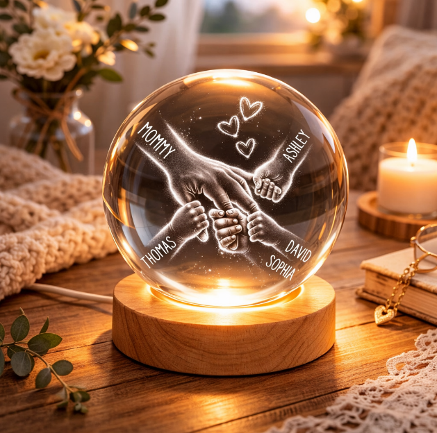 Personalized Family Hands 3D Crystal Ball Lamp, Custom 1-5 Names Engraved Night Light, Warm LED Wooden Base Table Lamp, Unique Birthday Mothers Day Christmas Gift for Mom Dad Wife Husband New Parents