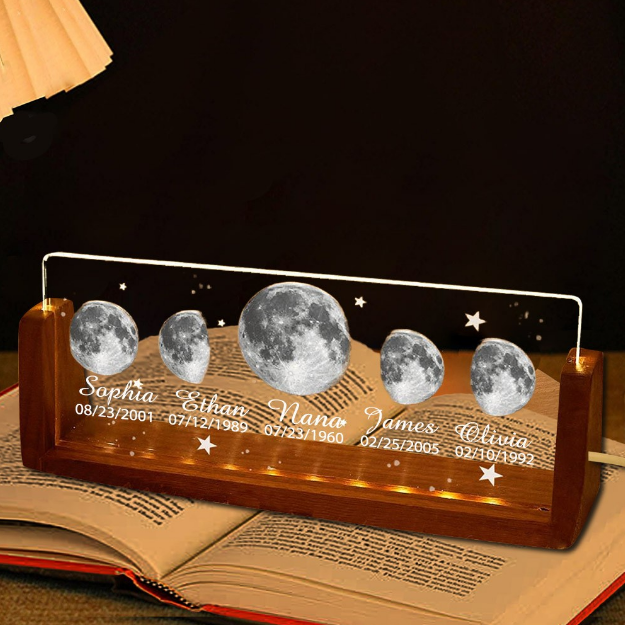 Personalized Moon Phase Acrylic Night Light - Custom Family Names & Birthdates LED Lamp - Nana & Grandkids Moon Phase Keepsake - Gift for Grandma, Mother's Day, Birthday