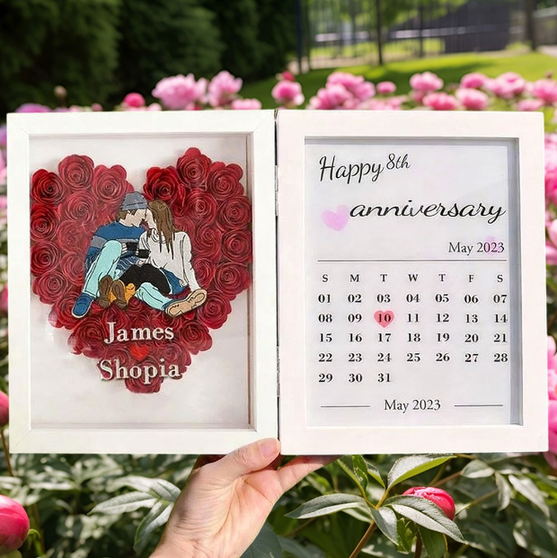 Custom Name Photo Anniversary Shadow Box, 3D Handmade Paper Rose Heart Frame, Personalized Wedding Valentine's Day Gift for Couple, Home Decor