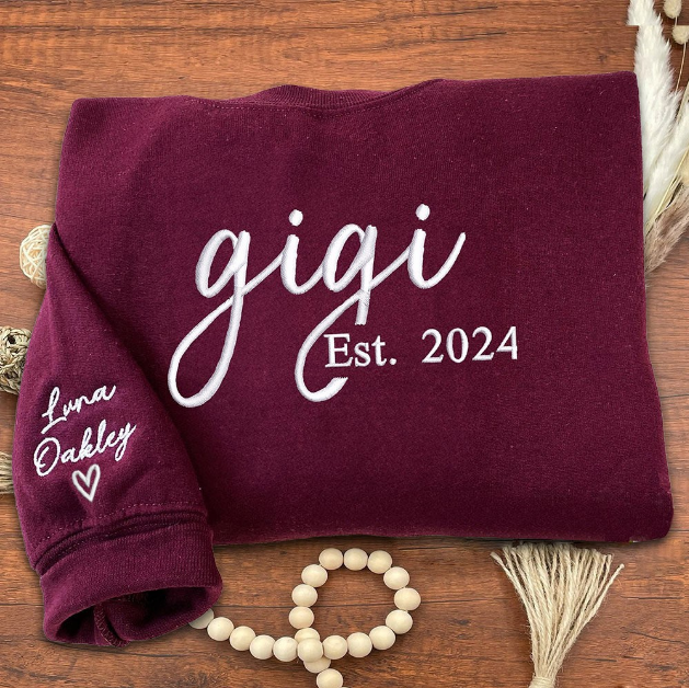Custom Embroidered Gigi Sweatshirt, Personalized Grandkids Names on Sleeve, Est Year Gigi Hoodie, Unique Gift for Grandma on Mother's Day