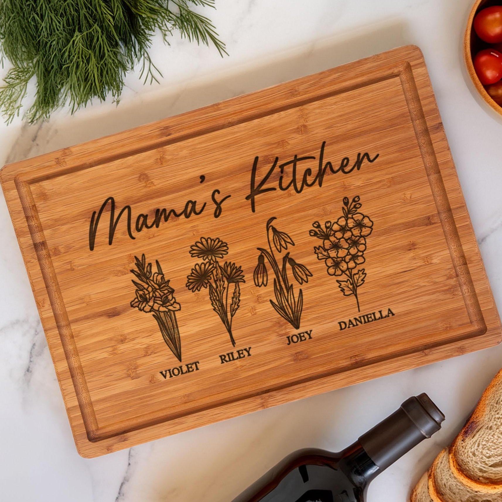 Personalized Cutting Board for Mom, Custom "Mama's Kitchen" Engraved Bamboo Cutting Board with Kids Names & Birth Flowers, Unique Mothers Day Gift for Mom from Daughter Son