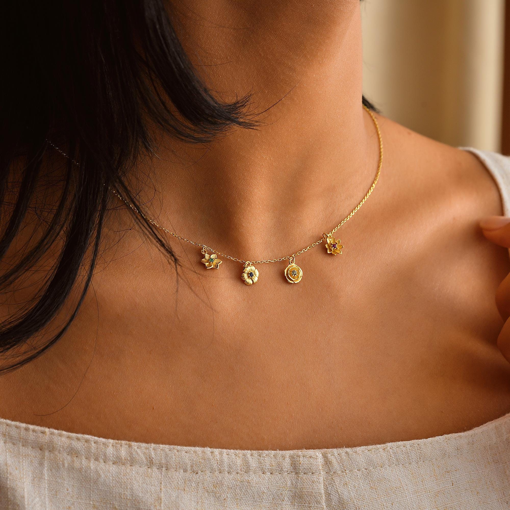 Dainty Flower Necklaces for Women, 14K Gold Plated & Sterling Silver Floral Choker with Colored Gems, Minimalist Jewelry Gift for Her