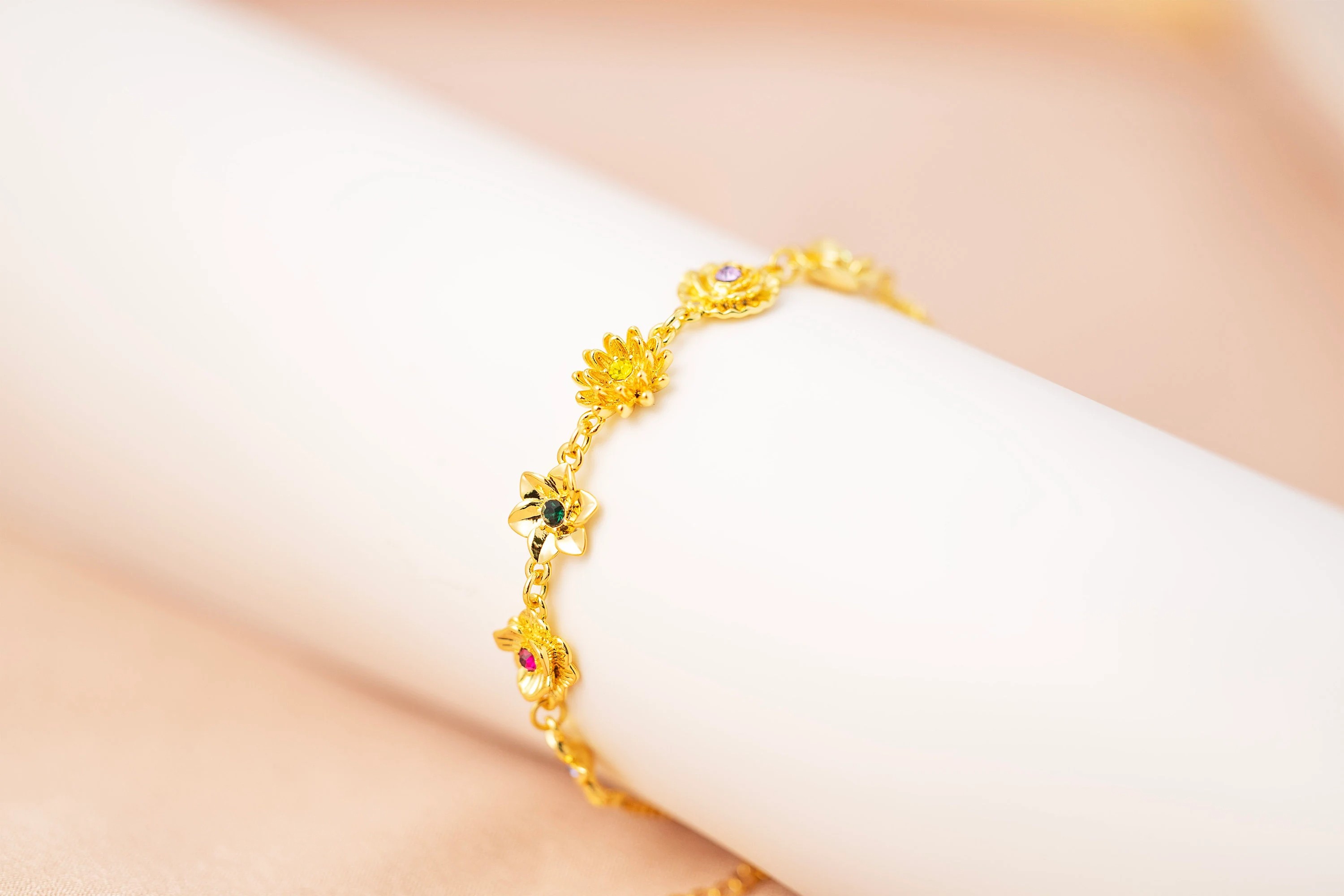 Gold Flower Bracelet for Women, 14K Gold Plated Colorful Crystal Floral Bracelet, Dainty Stackable Jewelry Gift for Mom Wife Girlfriend Her
