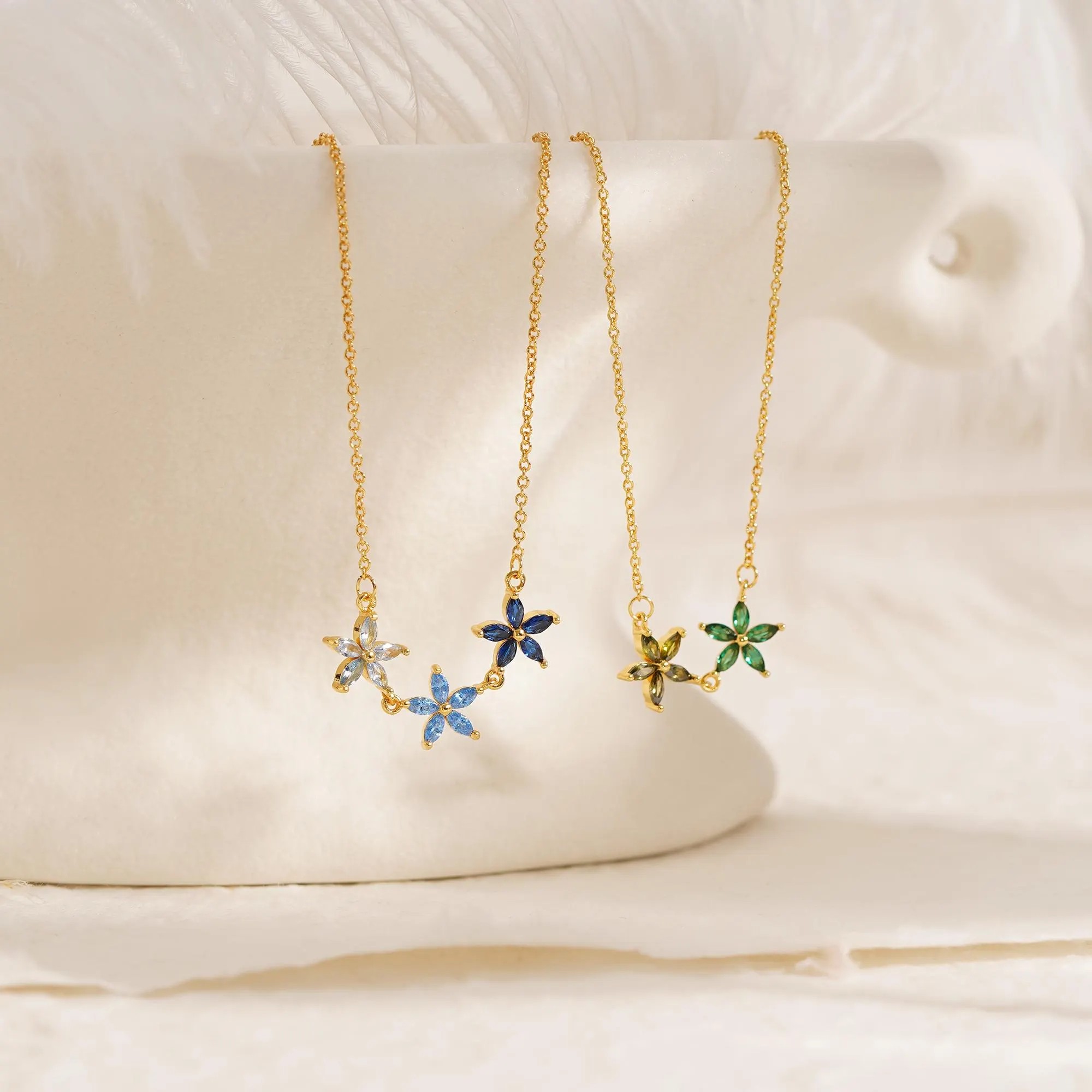 S925 Sterling Silver Three Star Flower Pendant Necklace | Dainty CZ Crystal Floral Choker for Women | Minimalist Delicate Jewelry Gift for Her