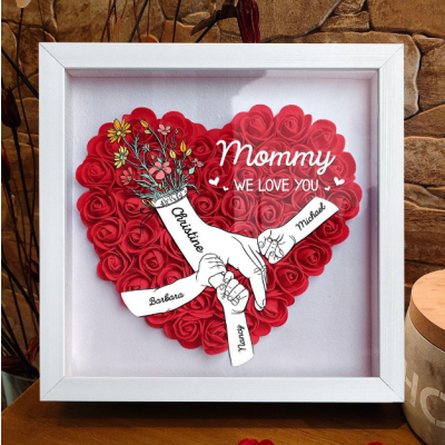 Personalized Mommy Hand Holding Shadow Box, Custom Name 3D Paper Rose Heart Frame with Kids Names, Handmade Mother's Day Birthday Gift for Mom, Family Wall Decor