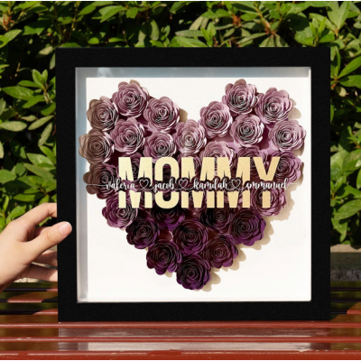 Personalized 3D Paper Rose Shadow Box for Mommy, Custom Name Heart-Shaped Flower Frame with Kids Names, Handmade Mother's Day Birthday Gift for Mom, Grandma, Home Wall Decor