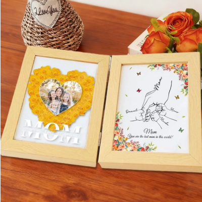 Personalized Mom Hand in Hand Yellow Rose Heart Photo Frame - Custom Name & Picture Collage, Unique Mother's Day Birthday Gift for Women, 8x10 Double Hinged Floating Frame