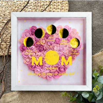 Custom Mom Moon Phase Shadow Box with Preserved Roses, Personalized Family Birth Date Flower Frame, Mother's Day Gift for Mom, Unique Keepsake for Grandma, Birthday Gift for Her