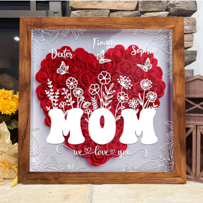 Personalized "MOM" Paper Rose Heart Shadow Box, Custom Kids Names Frame, Unique Mother's Day Gift for Mom, Handmade Keepsake Wall Art