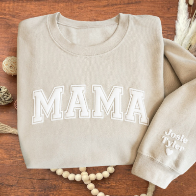 Personalized Tone-on-Tone Mama Sweatshirt, Custom Kids Names & Heart Embroidered, Unique Mom Gift for Mother's Day