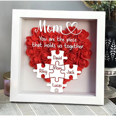 Personalized Mom Flower Shadow Box with Puzzle Piece Names, Custom "You are the piece that holds us together" Frame, Handmade 3D Rose Heart Mother's Day Birthday Gift for Mom, Grandma, Family Wall Decor