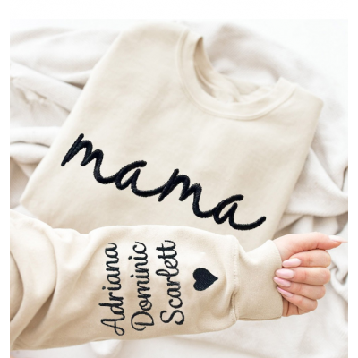Embroidered Mama Sweatshirt, Custom Mom Sweatshirt with Kids Names on Sleeve, Personalized Mother's Day Gift, Mama Crewneck Pullover, Gift for Mom from Kids
