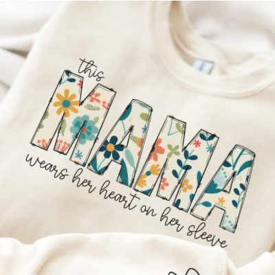 Heart on Sleeve Mama Sweatshirt, Cute Floral Letter Print Mom Crewneck, Cozy Casual Pullover Top, Perfect Birthday & Mother's Day Gift for Mom