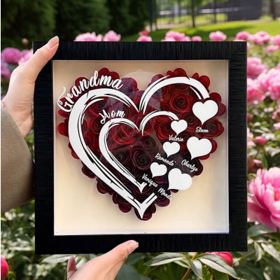 Personalized Grandma Mom Shadow Box with Names, Custom Heart Rose Flower Frame, Mothers Day Birthday Gift for Grandma Nana, Family Name Wall Decor, 3D Paper Flower Keepsake
