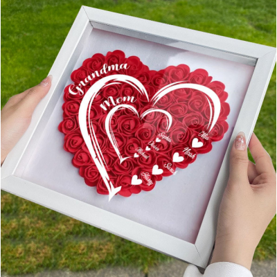 Personalized Grandma Mom Shadow Box, Custom Name 3D Paper Rose Heart Frame with Grandkids Names, Handmade Mother's Day Birthday Gift for Grandma, Nana, Mimi, Family Wall Decor