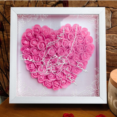 Personalized Mom Hand Holding Shadow Box, Custom Name 3D Red Paper Rose Heart Frame with Kids Names, Handmade Mother's Day Birthday Gift for Mom, Family Wall Decor