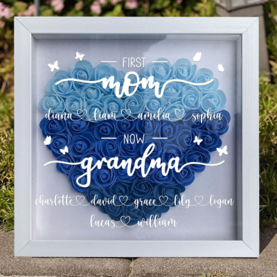 Personalized First Mom Now Grandma Shadow Box, Custom 8-12 Names Heart Rose Flower Frame, Mother's Day Birthday Gift for Grandma Mom Family Wall & Tabletop Decor