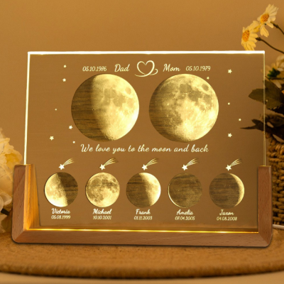 Personalized Mom & Dad Moon Phase Night Light - Custom Family Names & Birthdates Acrylic Lamp - Unique Wedding Anniversary or Parents' Birthday Gift - "We Love You to the Moon and Back" Keepsake