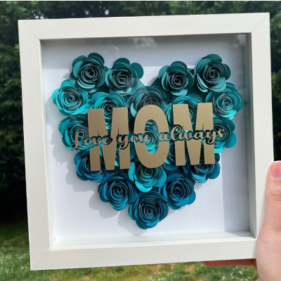 Mom Heart 3D Paper Rose Shadow Box, Handmade Flower Frame Wall Art, Best Mother's Day Birthday Gift for Mom, Home Decor