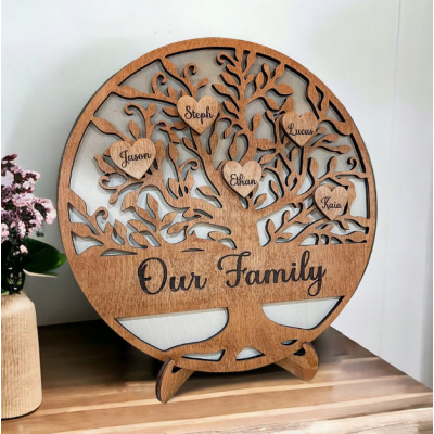 Personalized Family Tree Wood Sign - Custom Names Heart Wall Art - Rustic Laser Cut Wooden Family Tree Plaque for Home Decor, Housewarming Gift