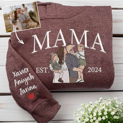 Personalized Mama Embroidered Hoodie with Family Portrait, Custom Names & EST Year, New Mom Gift.