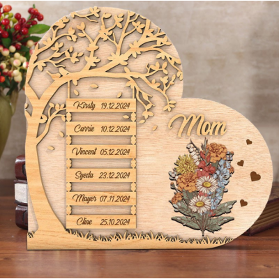 Personalized Mom Family Tree Wooden Plaque, Custom Birth Month Flower Engraved Name & Date Sign, Heart-Shaped Wood Desk Decor, Unique Mother's Day Birthday Gift for Mom Grandma