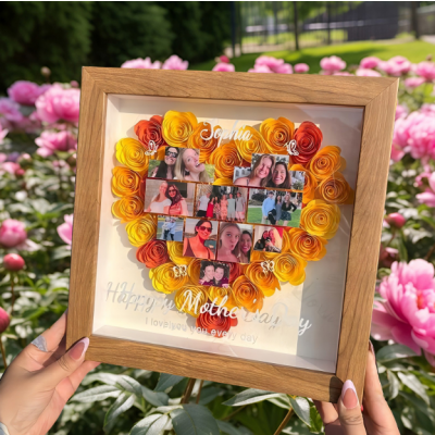 Custom Photo Heart Rose Shadow Box, Personalized 3D Flower Picture Frame with Name, Mother's Day Birthday Gift for Mom Grandma, Sentimental Family Wall Art Decor