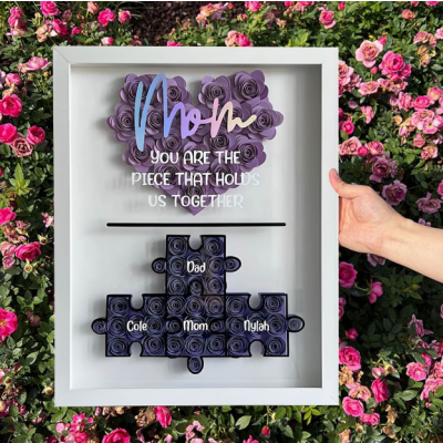 Personalized Family Name Puzzle Rose Shadow Box, Custom 3D Flower Frame with Heart & Names, Mother's Day Gift for Mom Nana Grandma, Unique Home Decor for Living Room Bedroom