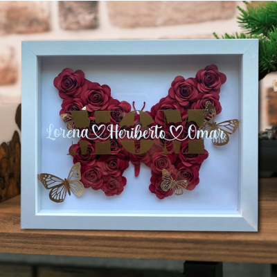 Personalized Mom Butterfly Flower Shadow Box, Custom Name 3D Paper Rose Frame, Mother's Day Birthday Gift for Mom, Handmade Paper Flower Wall Art Decor for Mom Grandma