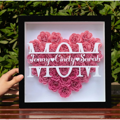 Personalized Mom Flower Shadow Box with Kids Names, Custom 3D Paper Rose Heart Frame, Mother's Day Birthday Gift for Mom Grandma, Handmade Keepsake Wall Art Decor