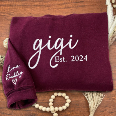 Custom Embroidered Gigi Sweatshirt, Personalized Grandkids Names on Sleeve, Est Year Gigi Hoodie, Unique Gift for Grandma on Mother's Day