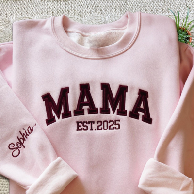 Custom Mama Est Sweatshirt, Personalized Kid Name on Sleeve, Embroidered Mom Crewneck Pullover, Customizable Mother's Day Gift for Mom