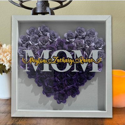 Personalized Mom Flower Shadow Box with Name, 3D Purple Paper Rose Heart Frame, Unique Mother's Day Birthday Gift for Mom, Handmade Keepsake Decor